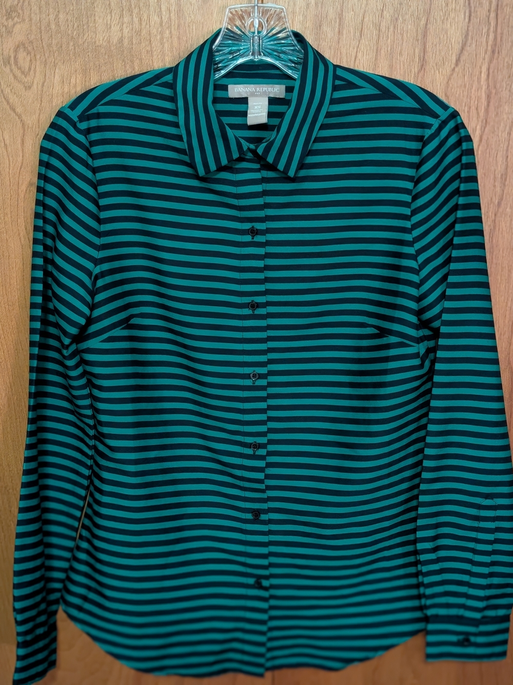 Banana Republic Women’s Green and Navy Striped Button-Up Shirt